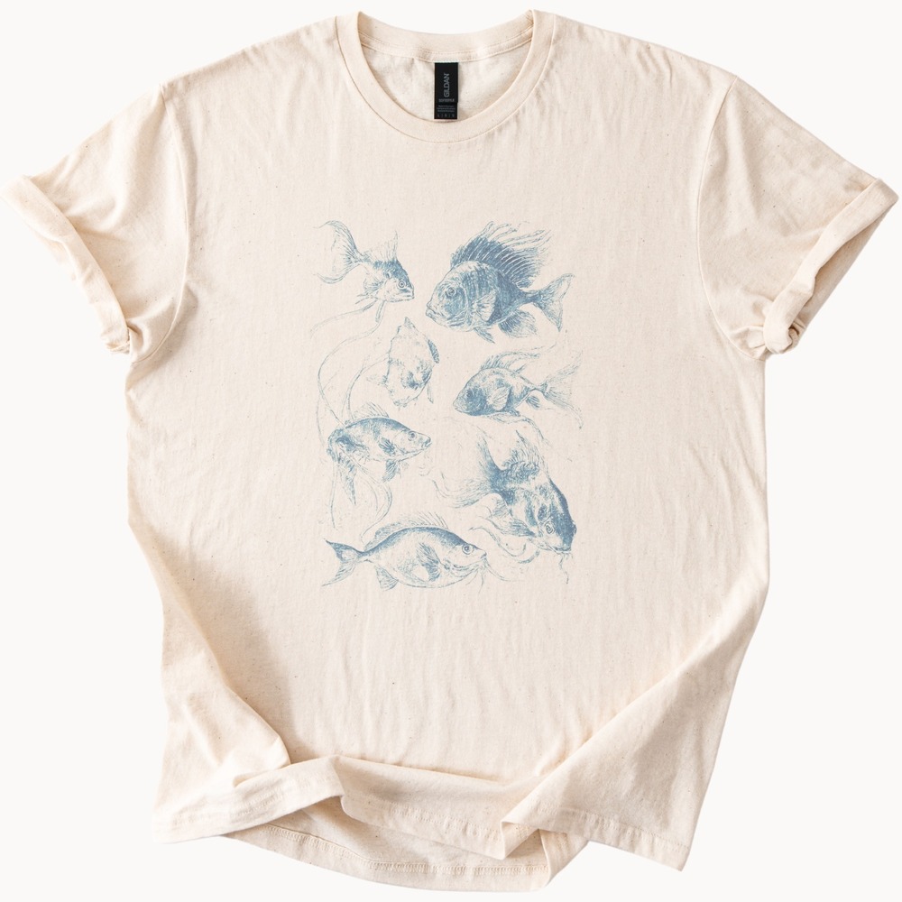 Seven Fish Blue Ink Graphic Tee Naturalist Illustration Art